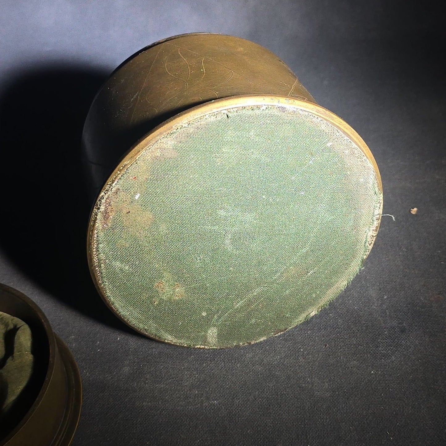 Antique WWI Trench Art Brass Lidded Box with Hand-Engraved Star, Diamond, Leaf, and Scroll Decoration, "MO" Monogram, and Green Fabric-Lined Interior