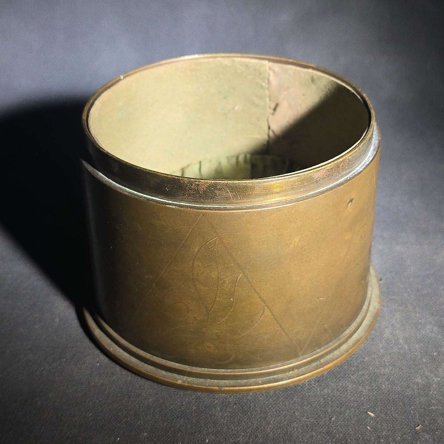 Antique WWI Trench Art Brass Lidded Box with Hand-Engraved Star, Diamond, Leaf, and Scroll Decoration, "MO" Monogram, and Green Fabric-Lined Interior