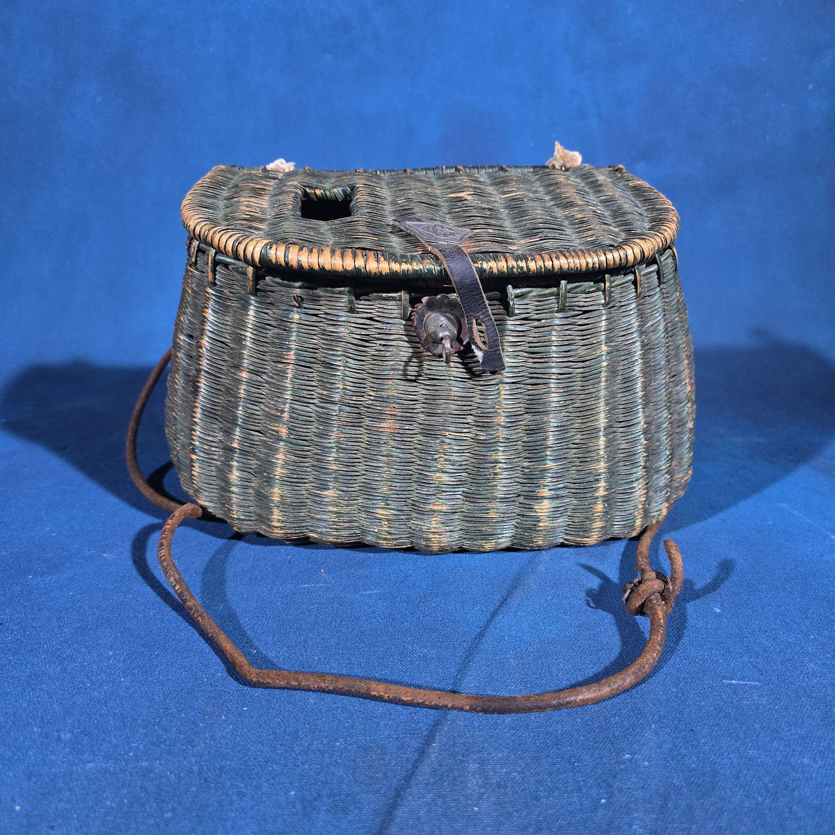 Antique Green-Painted Wicker Fishing Creel with Leather Strap and Metal Clasp
