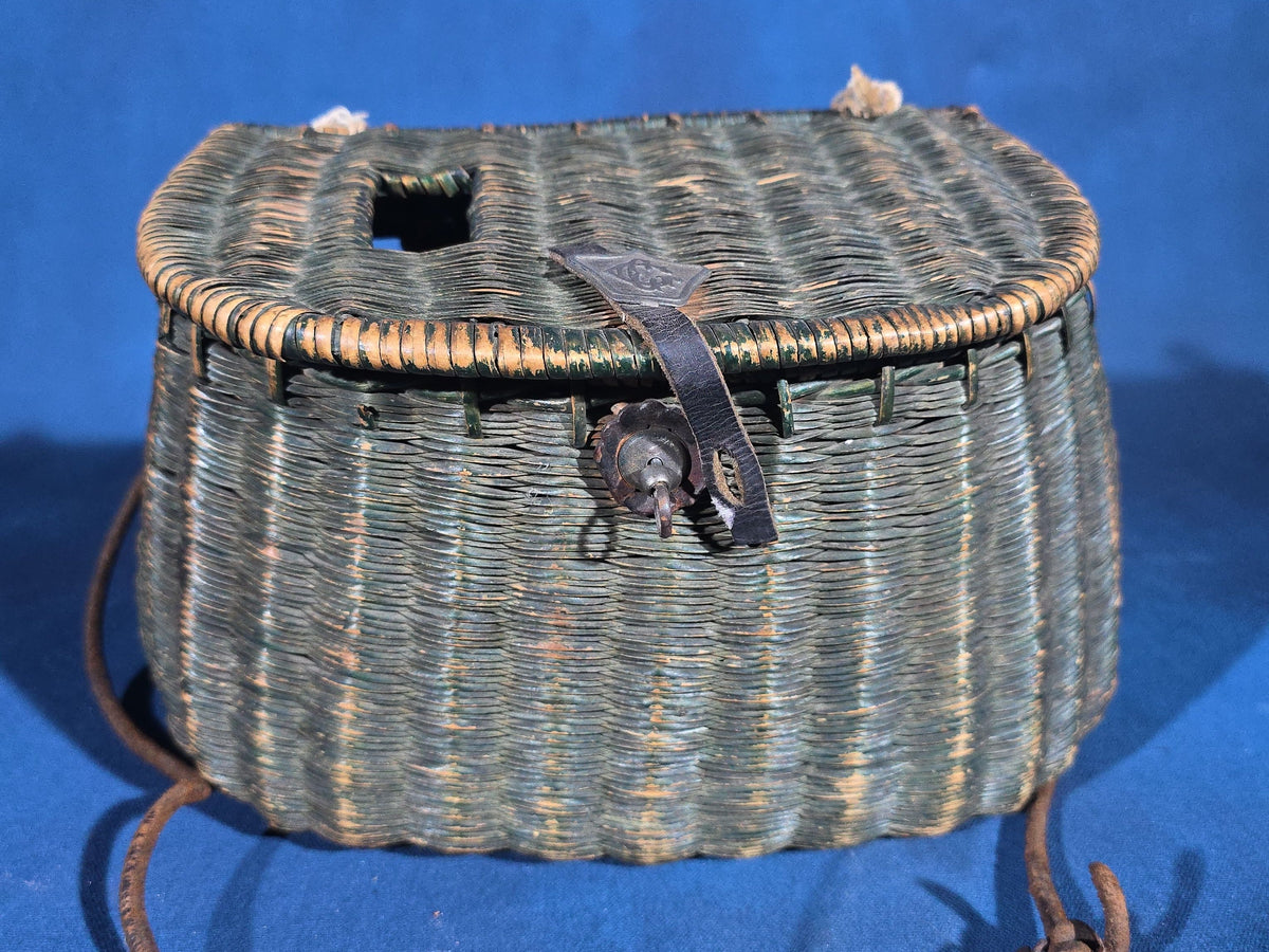 Antique Green-Painted Wicker Fishing Creel with Leather Strap and Metal Clasp