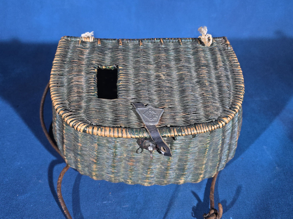 Antique Green-Painted Wicker Fishing Creel with Leather Strap and Metal Clasp