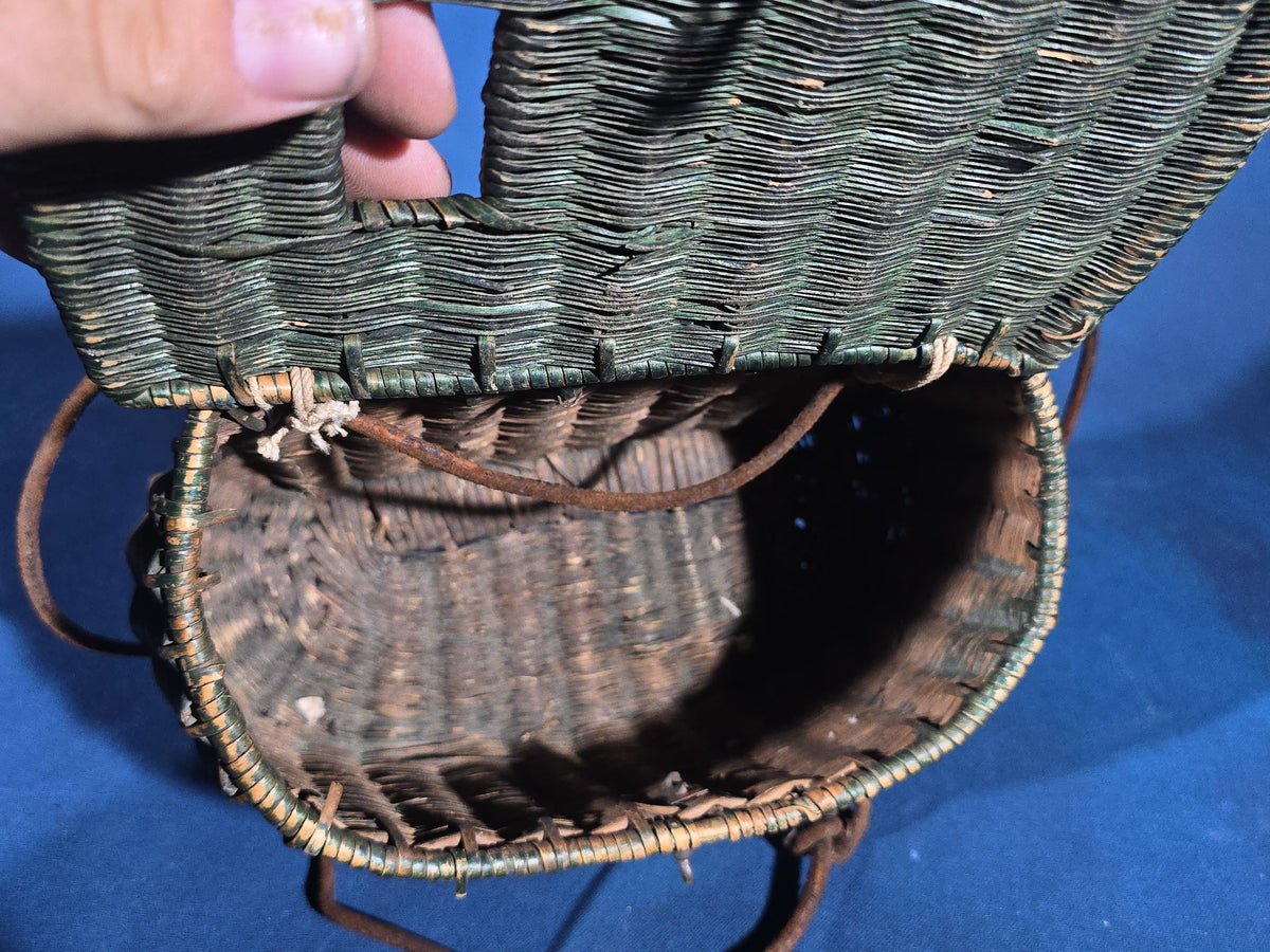 Antique Green-Painted Wicker Fishing Creel with Leather Strap and Metal Clasp