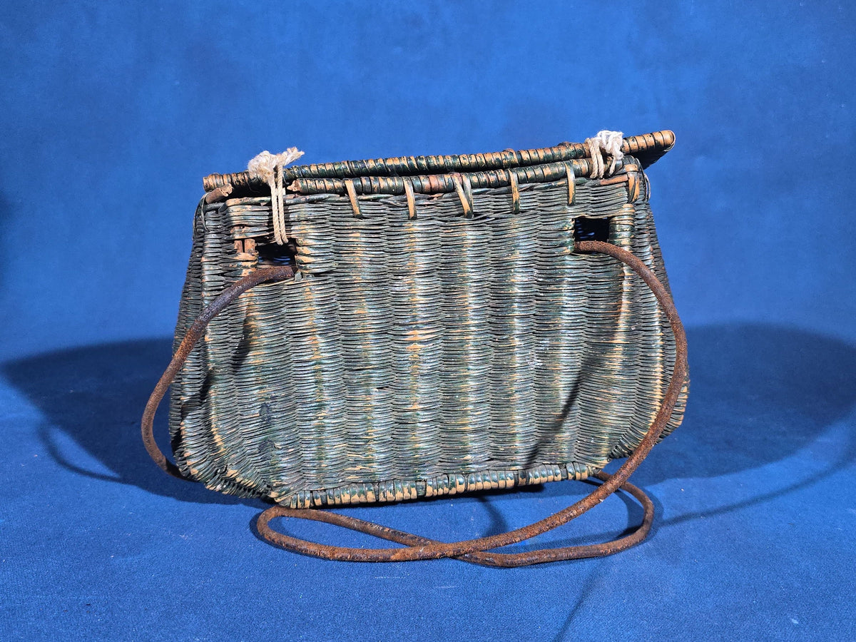 Antique Green-Painted Wicker Fishing Creel with Leather Strap and Metal Clasp