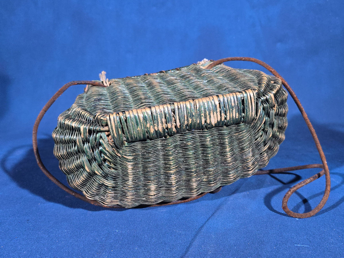 Antique Green-Painted Wicker Fishing Creel with Leather Strap and Metal Clasp