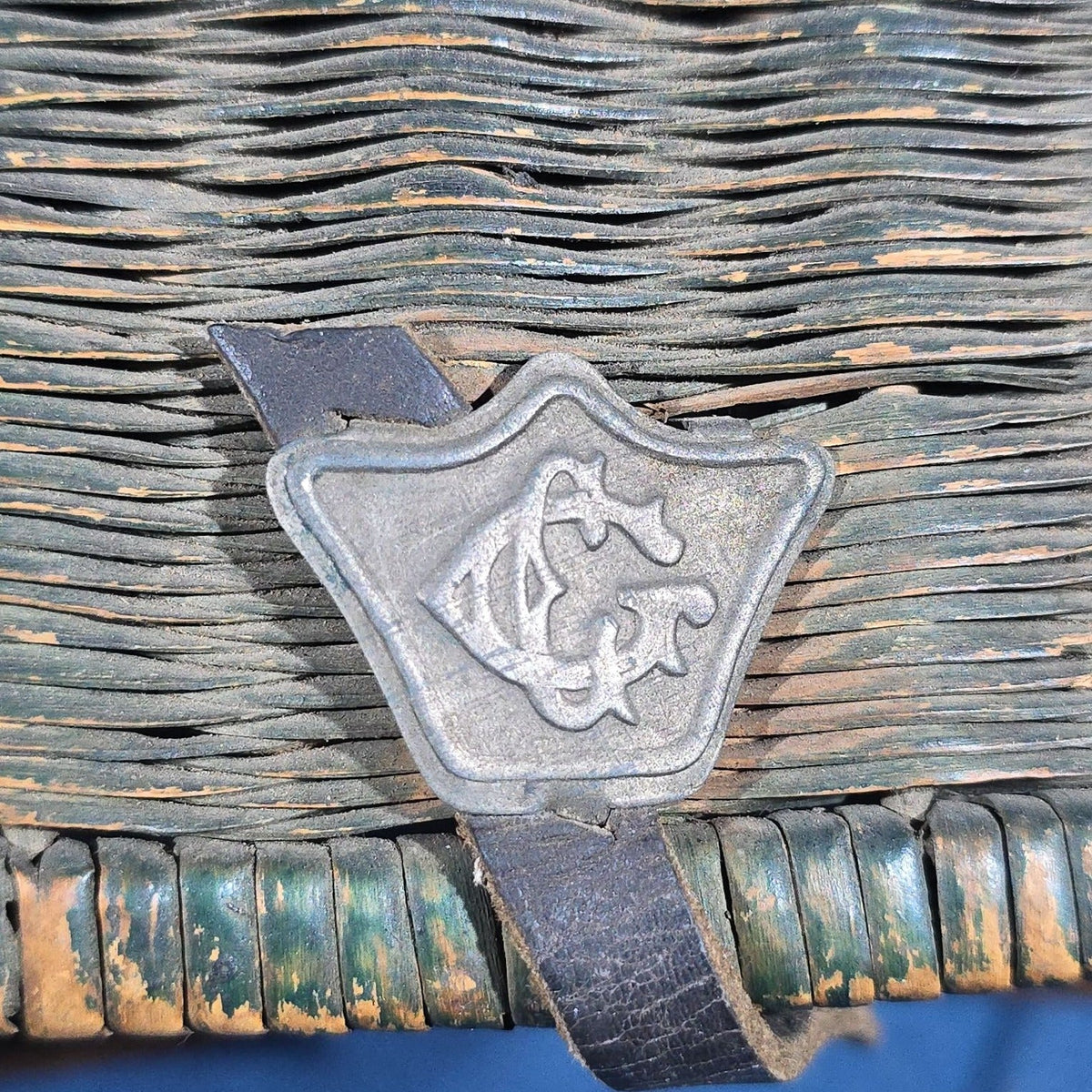 Antique Green-Painted Wicker Fishing Creel with Leather Strap and Metal Clasp