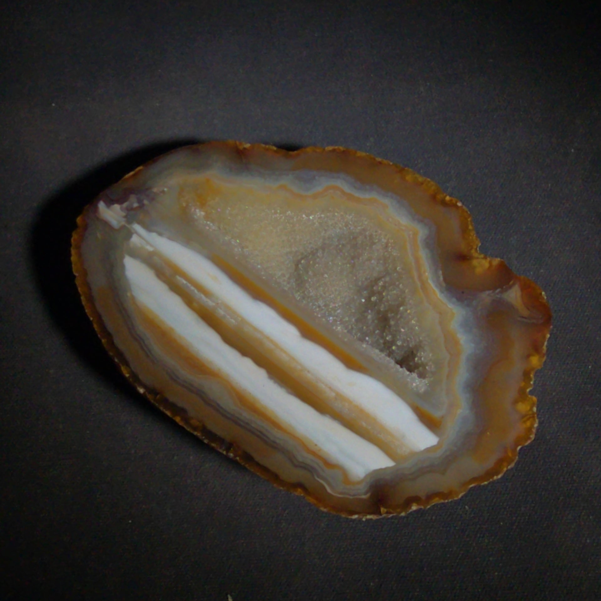 Polished Agate Geode Half with Banded Interior and Central Druzy Cavity