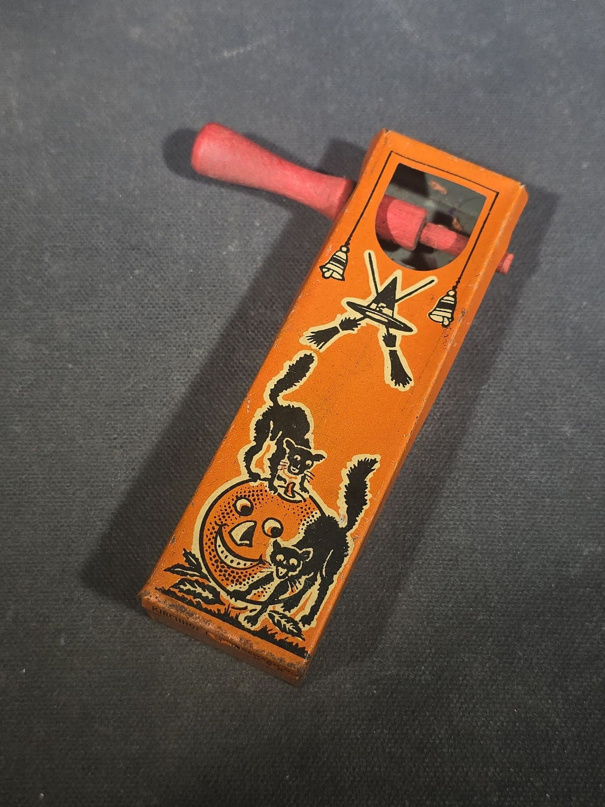 Grouping of Three Vintage Halloween Items including Tin Lithograph Ratchet Noisemaker with Jack-O-Lantern, Black Cat, and Witch Graphics, Manufactured by Kirchhof, Newark, New Jersey, and Two Witch on Crescent Moon and Black Cat Figures
