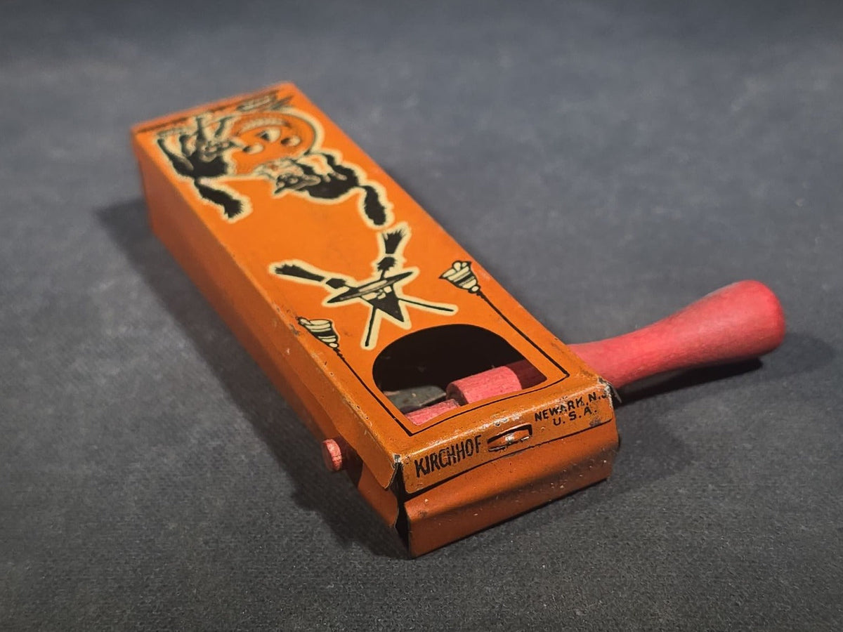 Grouping of Three Vintage Halloween Items including Tin Lithograph Ratchet Noisemaker with Jack-O-Lantern, Black Cat, and Witch Graphics, Manufactured by Kirchhof, Newark, New Jersey, and Two Witch on Crescent Moon and Black Cat Figures