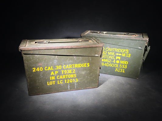 Pair of Vintage U.S. Military Metal Ammunition Boxes including 7.62 MM M13 and .30 Caliber AP T93E2