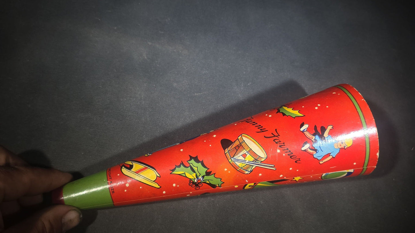 Vintage Tin Lithograph Christmas Horn Noisemaker with Santa Claus, Holly, Star, Sled, and Toy Graphics