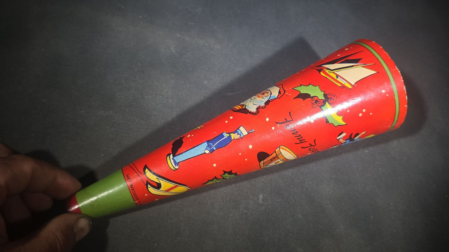 Vintage Tin Lithograph Christmas Horn Noisemaker with Santa Claus, Holly, Star, Sled, and Toy Graphics
