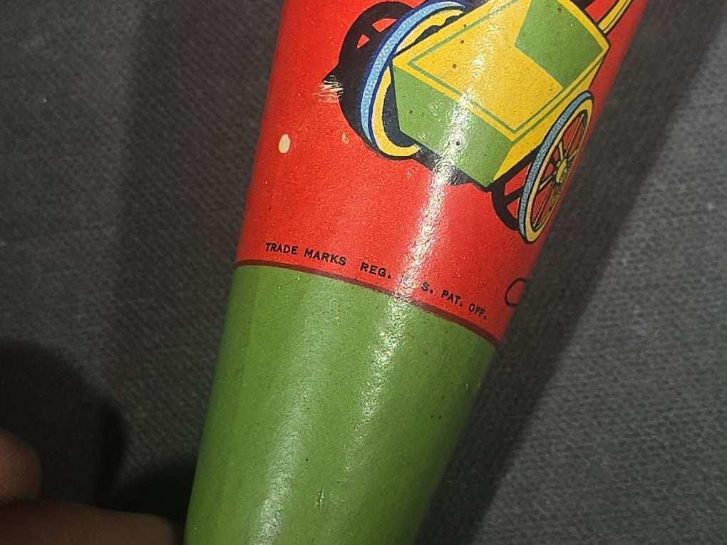 Vintage Tin Lithograph Christmas Horn Noisemaker with Santa Claus, Holly, Star, Sled, and Toy Graphics