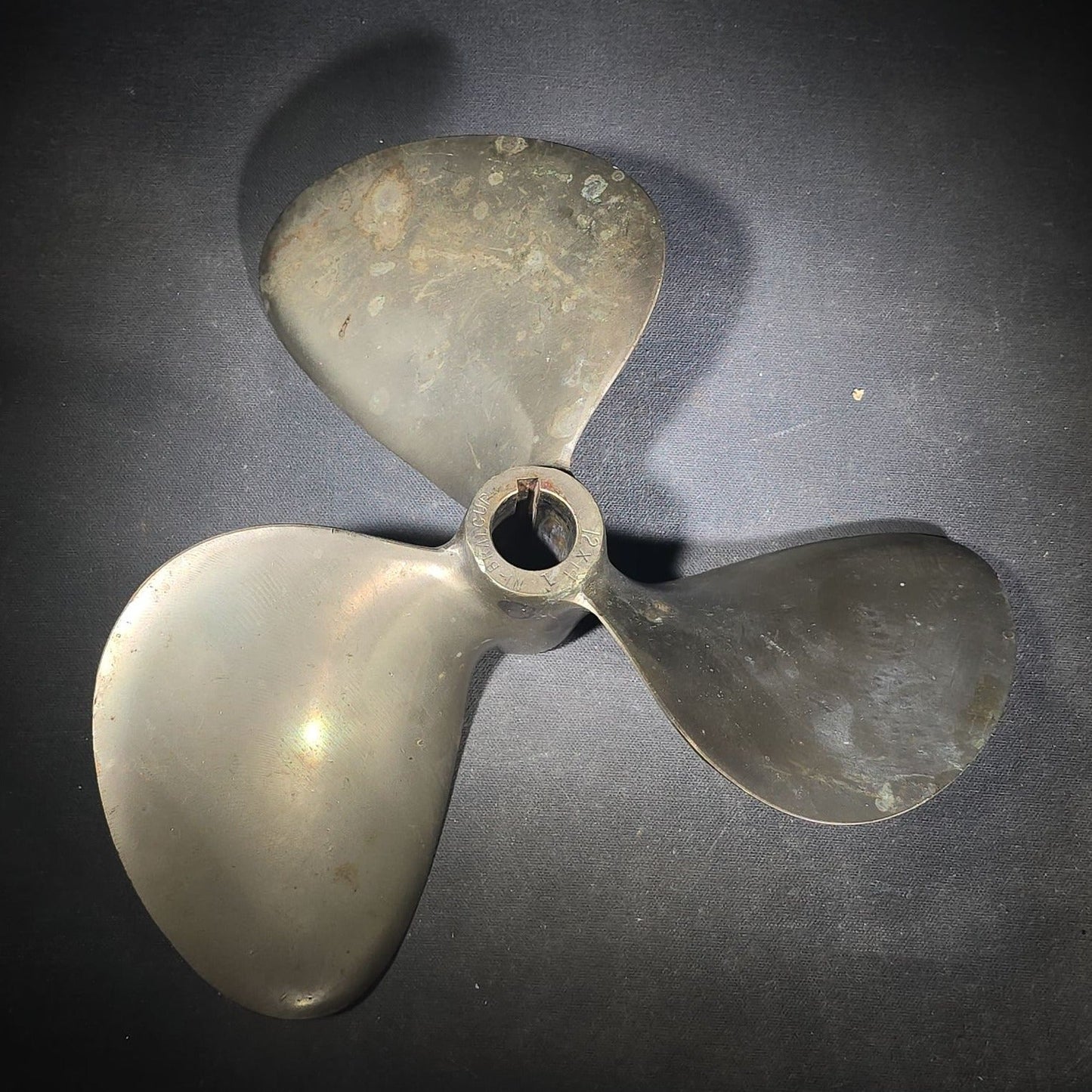 Vintage Three-Blade Ni-Bral Nickel-Aluminum-Bronze Boat Propeller 12LH14, Grand Rapids, Michigan, Dated June 1982