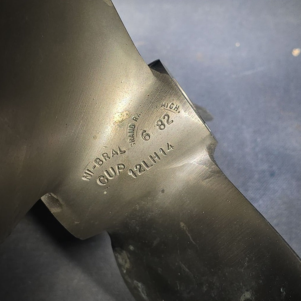Vintage Three-Blade Ni-Bral Nickel-Aluminum-Bronze Boat Propeller 12LH14, Grand Rapids, Michigan, Dated June 1982