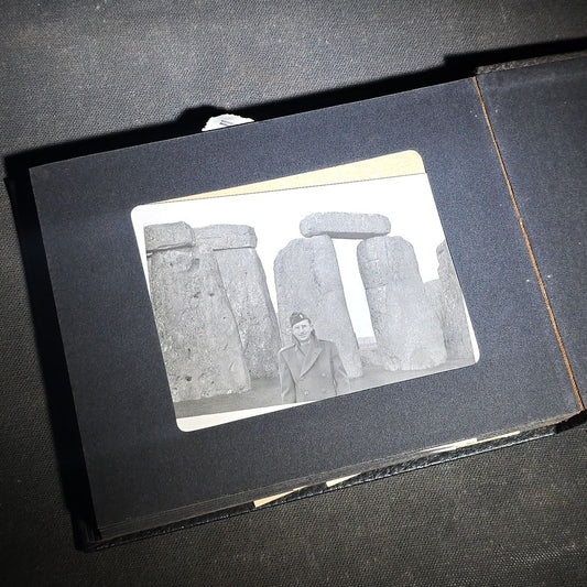 Vintage Photo Album Containing 30+ Snapshot Photographs including Soldier at Stonehenge, Cats, Military Subjects, and May Day