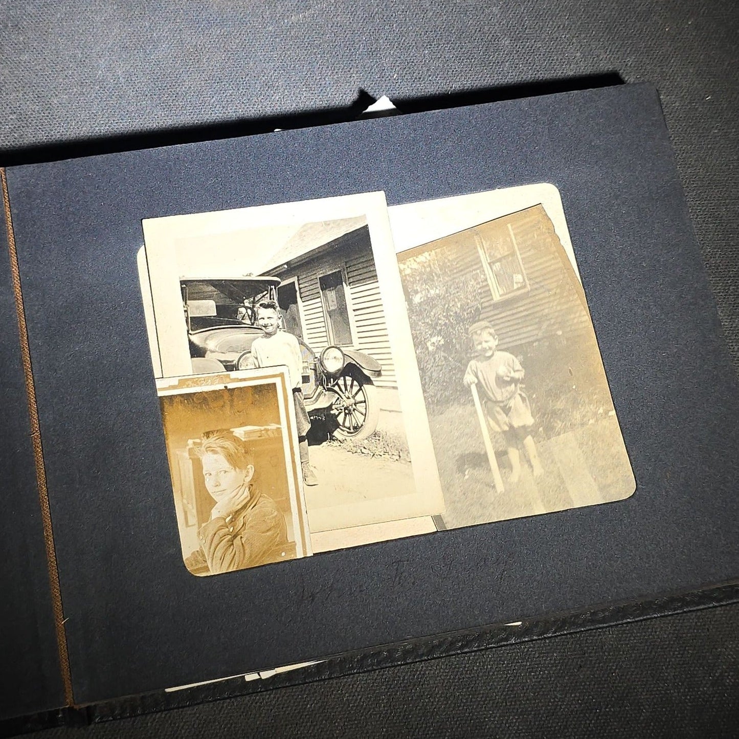 Vintage Photo Album Containing 30+ Snapshot Photographs including Soldier at Stonehenge, Cats, Military Subjects, and May Day