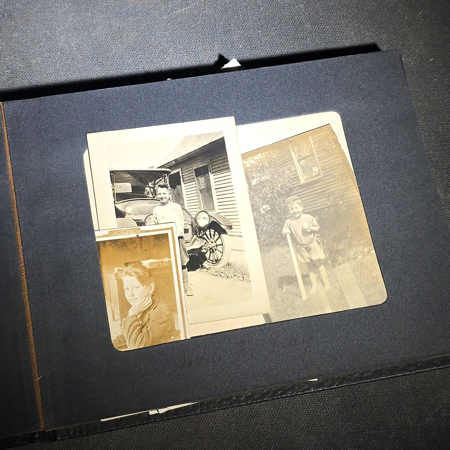 Vintage Photo Album Containing 30+ Snapshot Photographs including Soldier at Stonehenge, Cats, Military Subjects, and May Day