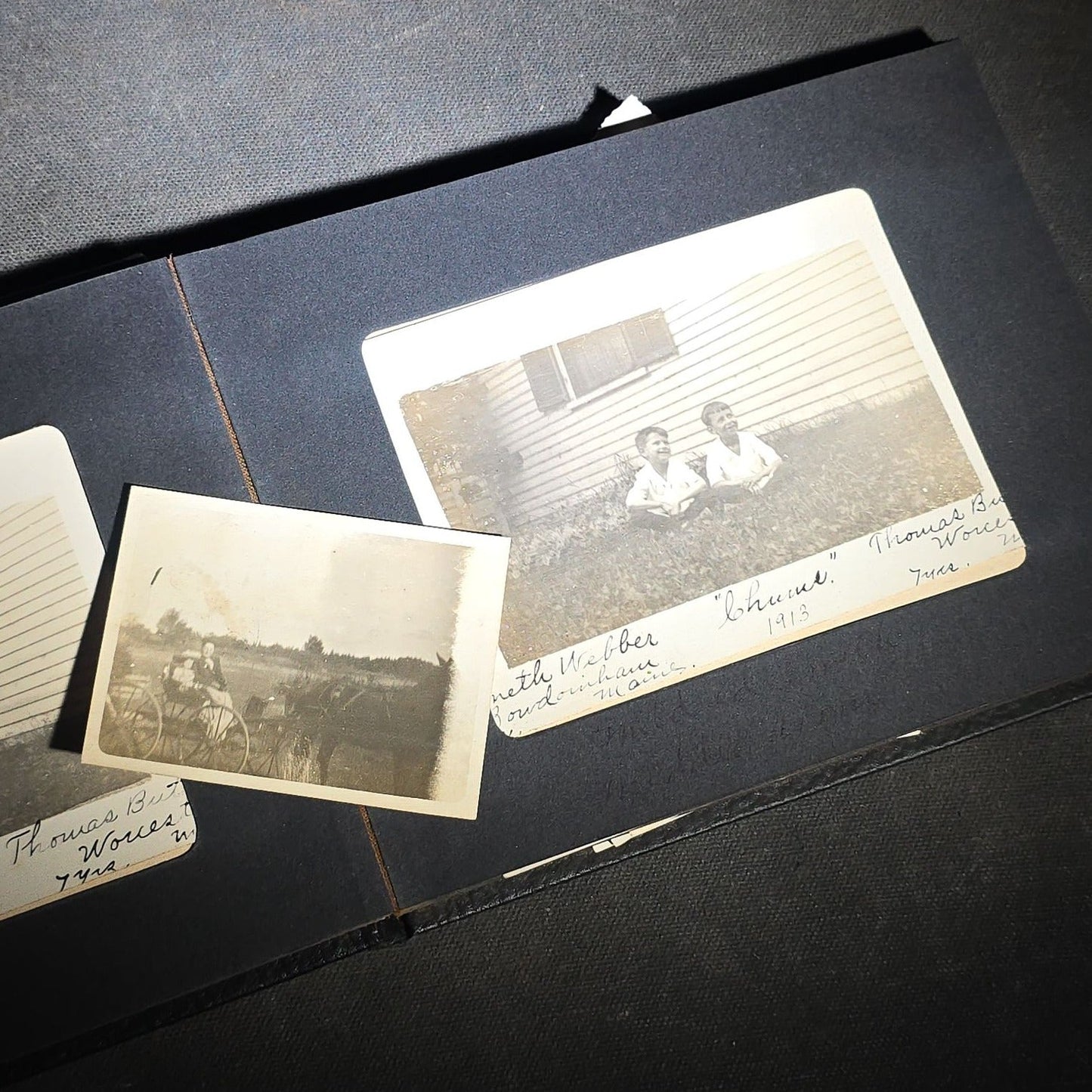 Vintage Photo Album Containing 30+ Snapshot Photographs including Soldier at Stonehenge, Cats, Military Subjects, and May Day