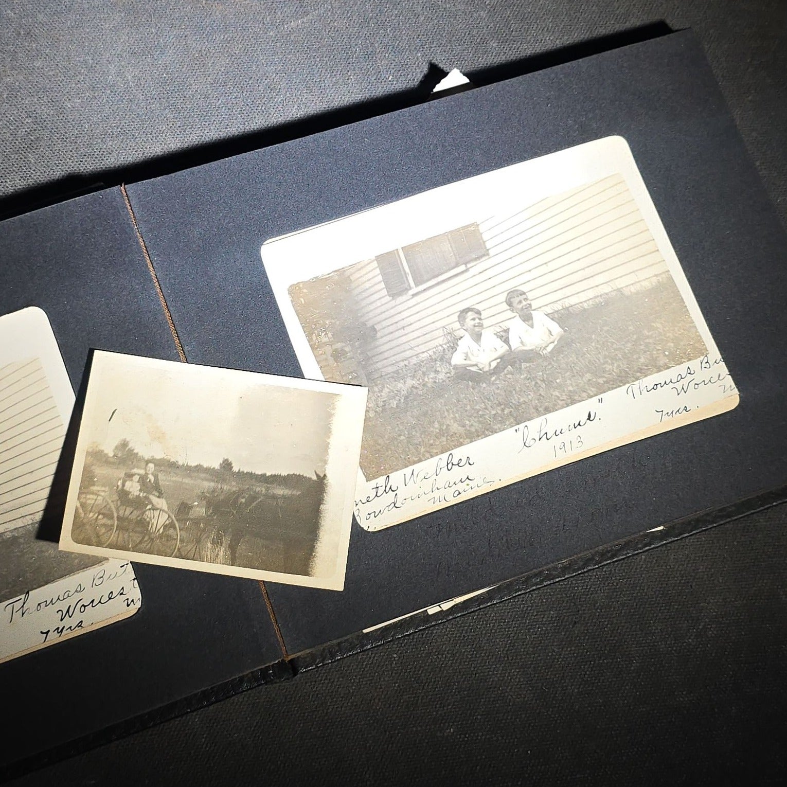 Vintage Photo Album Containing 30+ Snapshot Photographs including Soldier at Stonehenge, Cats, Military Subjects, and May Day