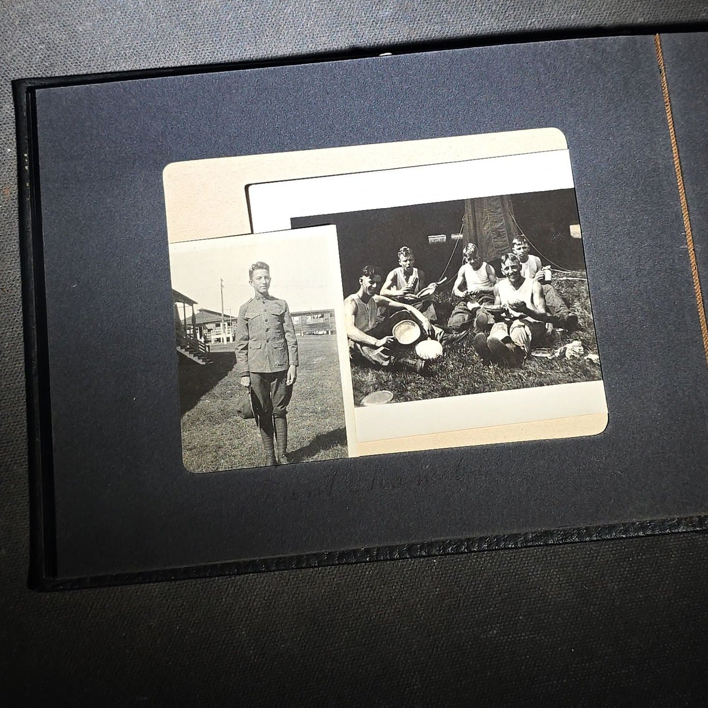 Vintage Photo Album Containing 30+ Snapshot Photographs including Soldier at Stonehenge, Cats, Military Subjects, and May Day