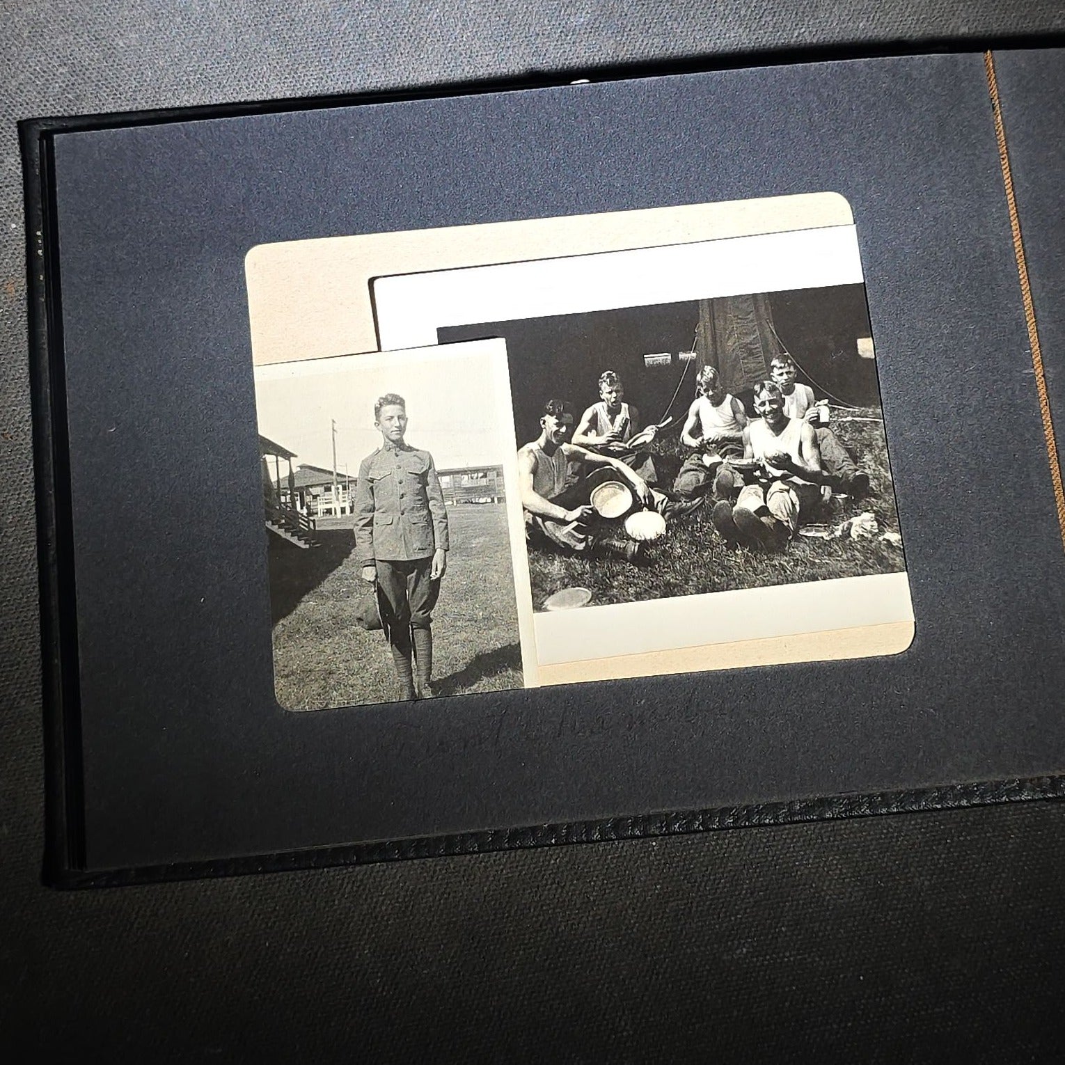 Vintage Photo Album Containing 30+ Snapshot Photographs including Soldier at Stonehenge, Cats, Military Subjects, and May Day