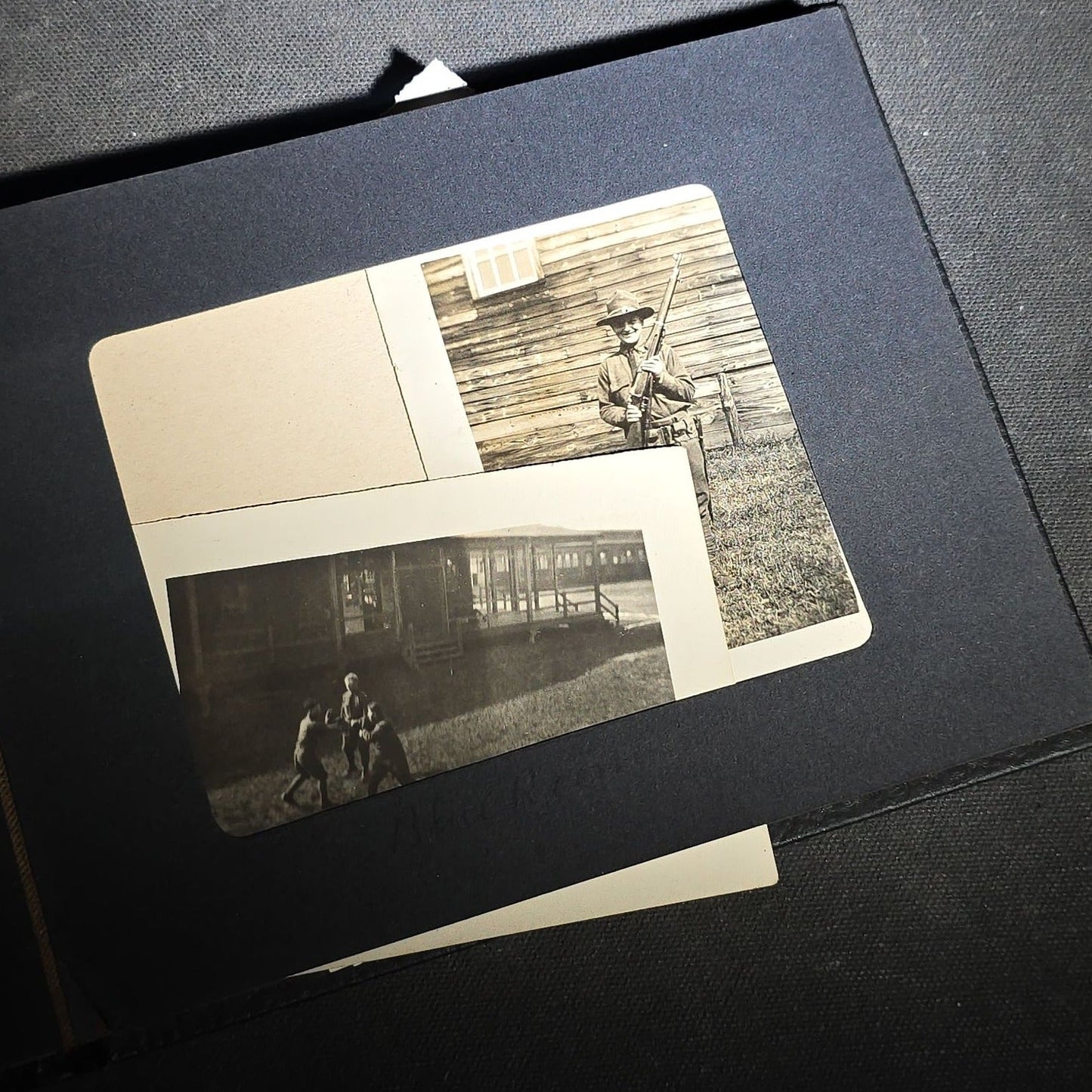 Vintage Photo Album Containing 30+ Snapshot Photographs including Soldier at Stonehenge, Cats, Military Subjects, and May Day
