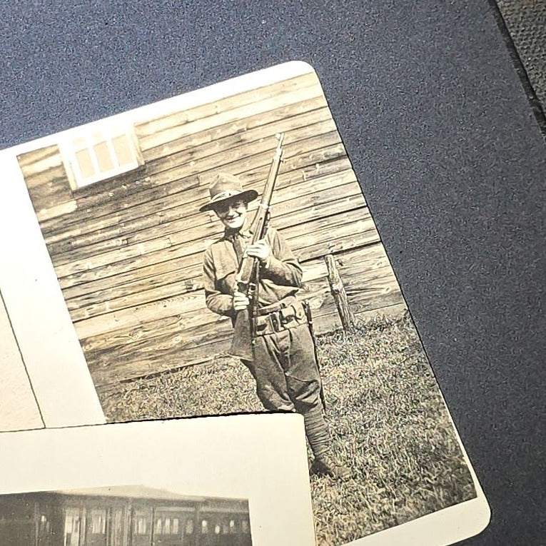Vintage Photo Album Containing 30+ Snapshot Photographs including Soldier at Stonehenge, Cats, Military Subjects, and May Day