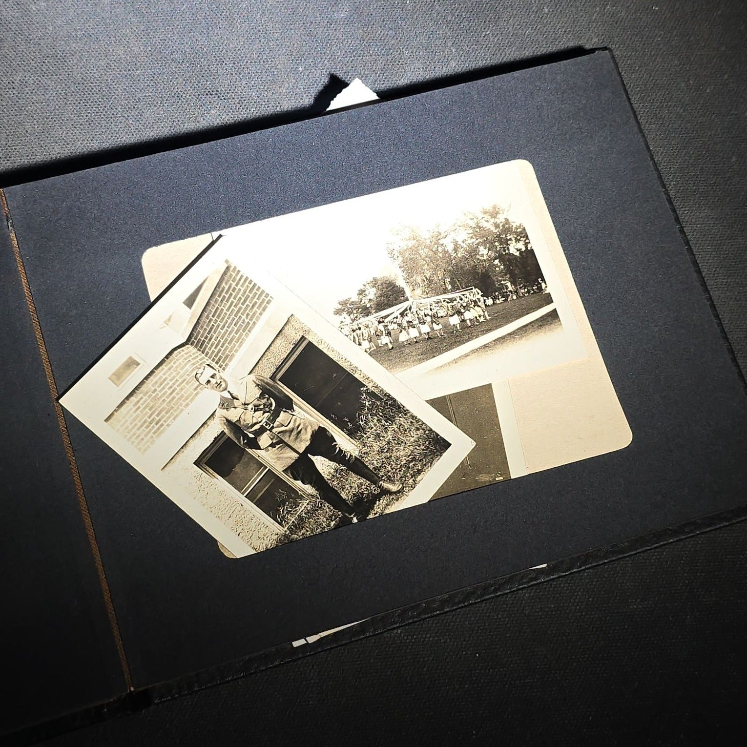 Vintage Photo Album Containing 30+ Snapshot Photographs including Soldier at Stonehenge, Cats, Military Subjects, and May Day