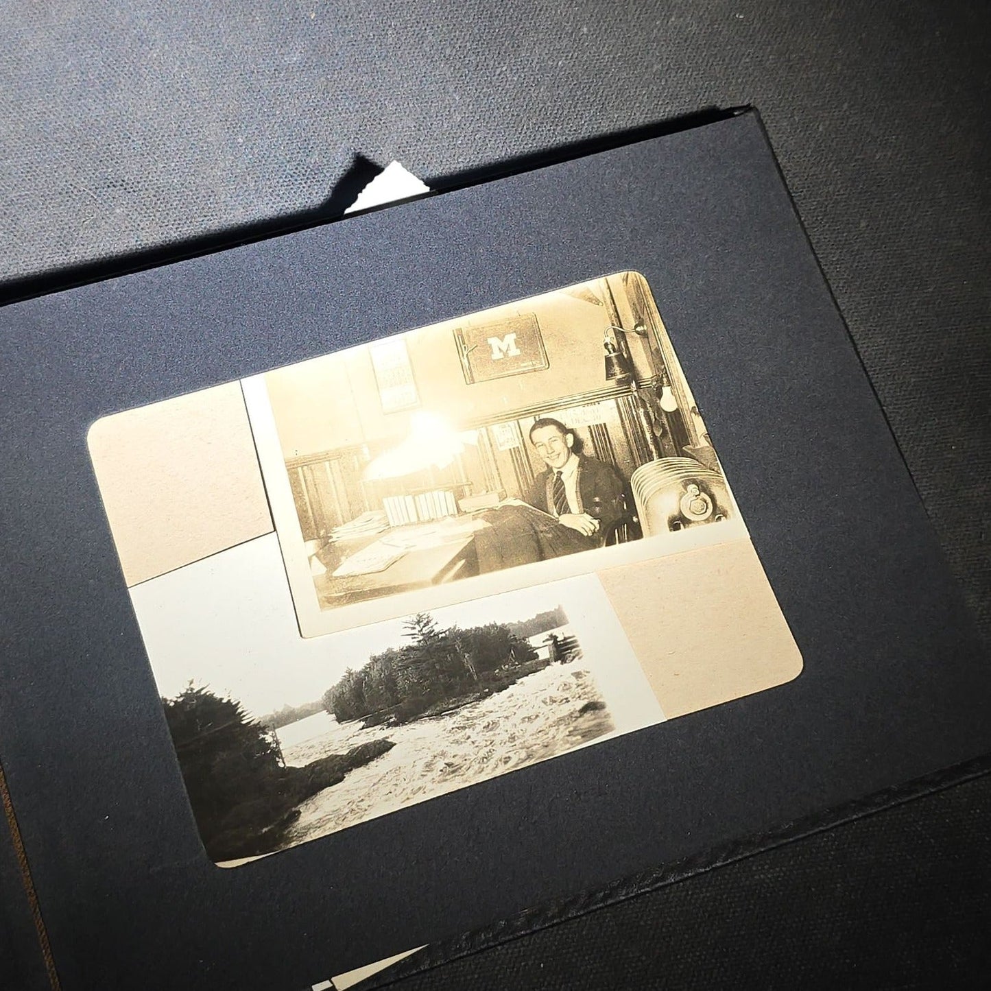 Vintage Photo Album Containing 30+ Snapshot Photographs including Soldier at Stonehenge, Cats, Military Subjects, and May Day