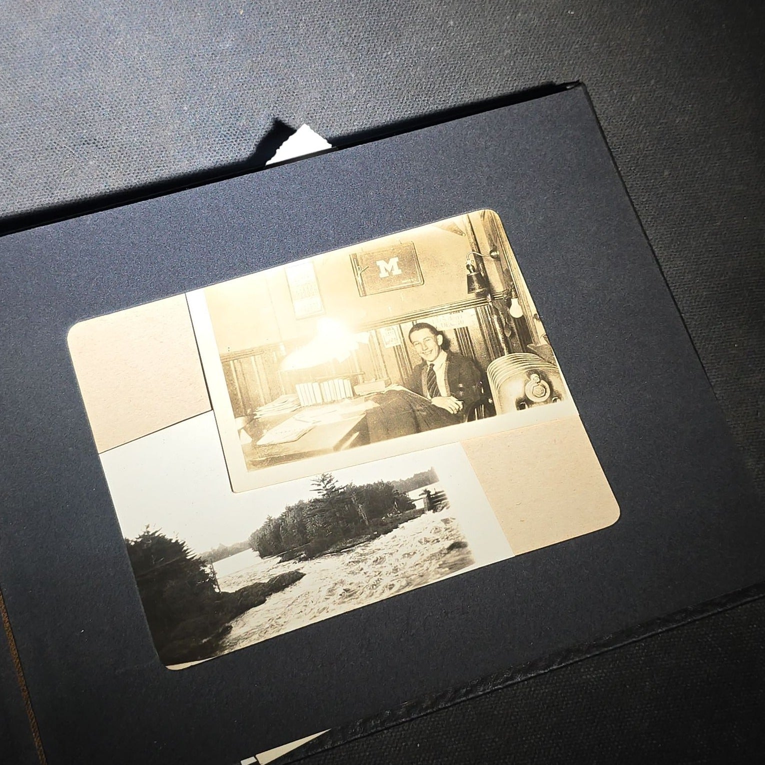 Vintage Photo Album Containing 30+ Snapshot Photographs including Soldier at Stonehenge, Cats, Military Subjects, and May Day