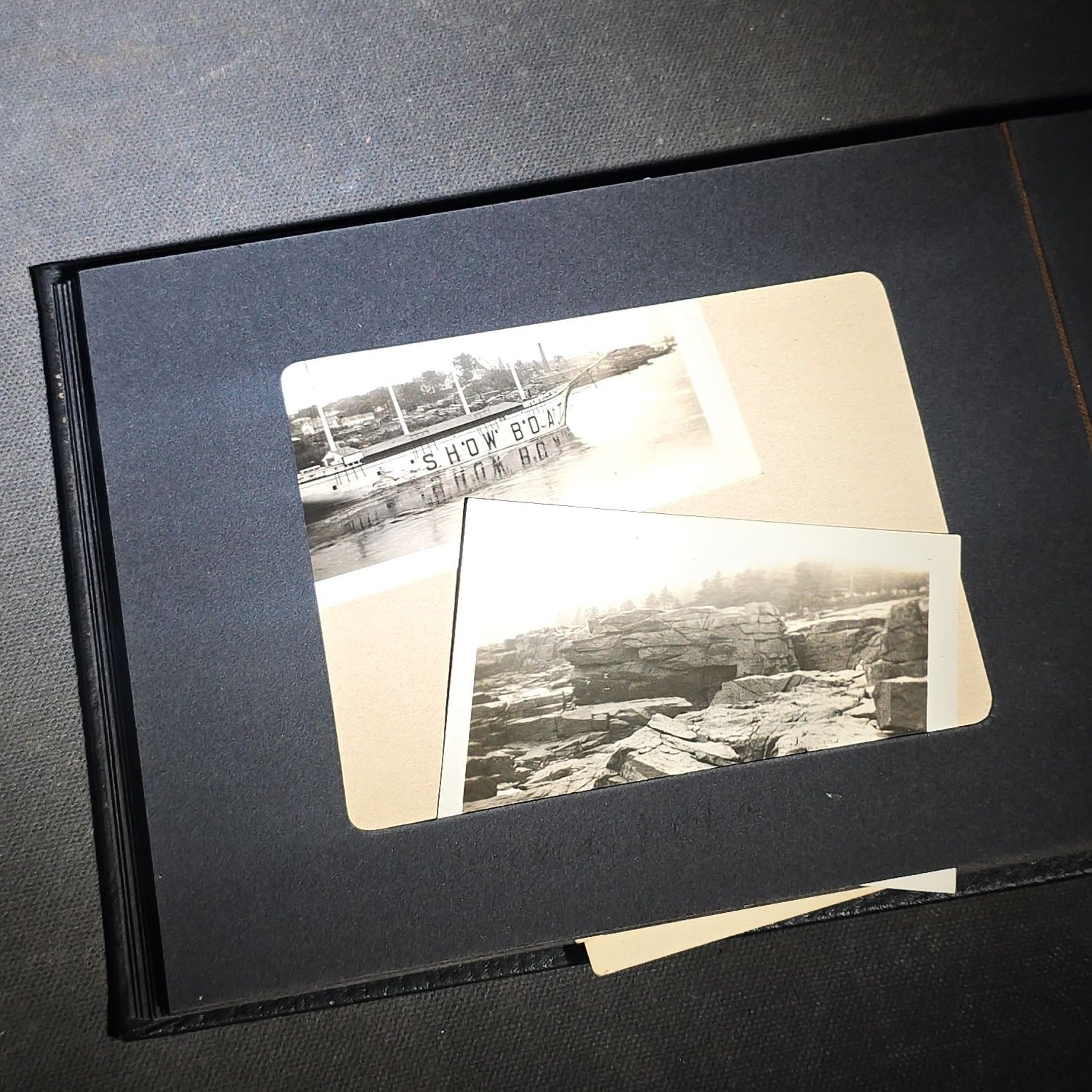 Vintage Photo Album Containing 30+ Snapshot Photographs including Soldier at Stonehenge, Cats, Military Subjects, and May Day