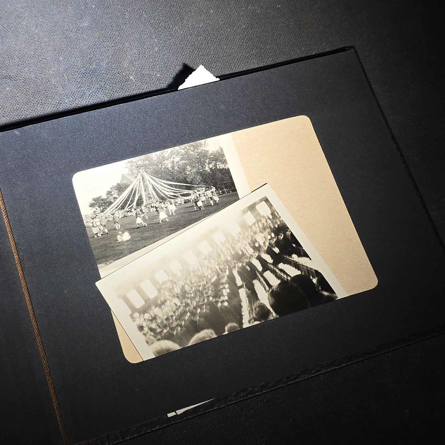 Vintage Photo Album Containing 30+ Snapshot Photographs including Soldier at Stonehenge, Cats, Military Subjects, and May Day