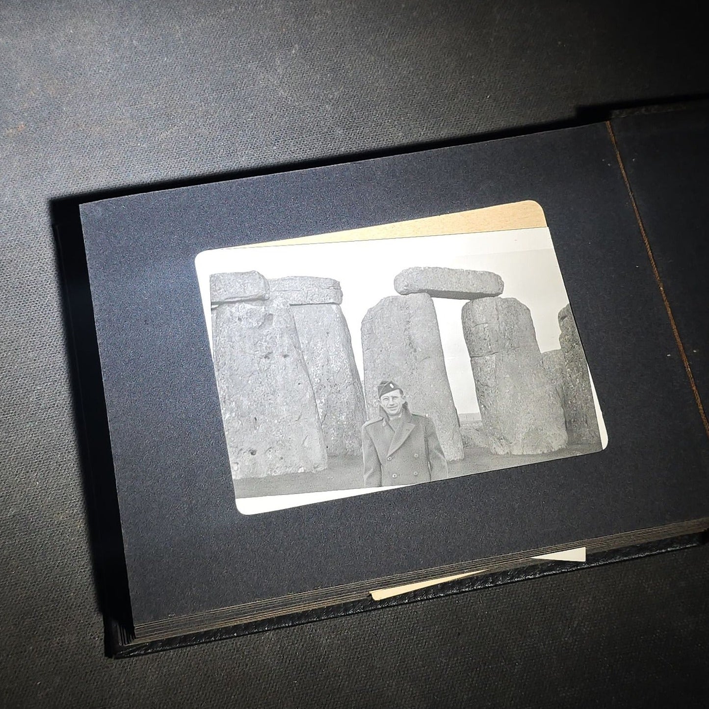 Vintage Photo Album Containing 30+ Snapshot Photographs including Soldier at Stonehenge, Cats, Military Subjects, and May Day