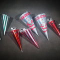 Lot 143 - Grouping of Eight Vintage Metal Foil Christmas Candy Horn Ornaments Including "Merry Christmas" Santa Claus Cones and Striped Varieties