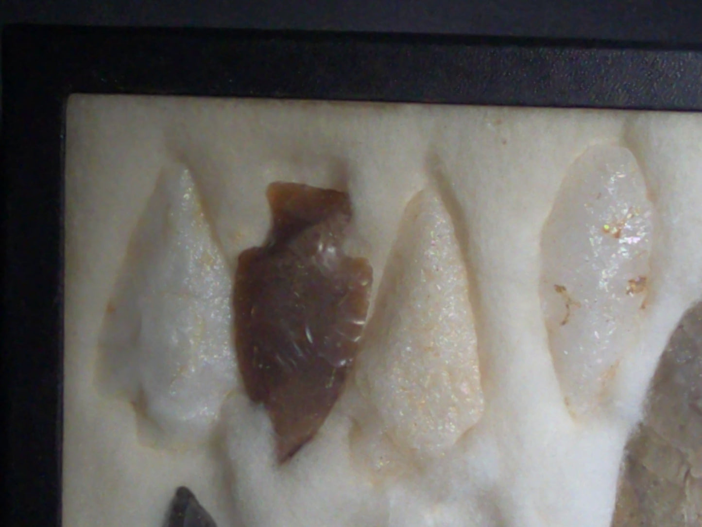Grouping of 18 Stone Arrowheads and Projectile Points in Riker Display Case