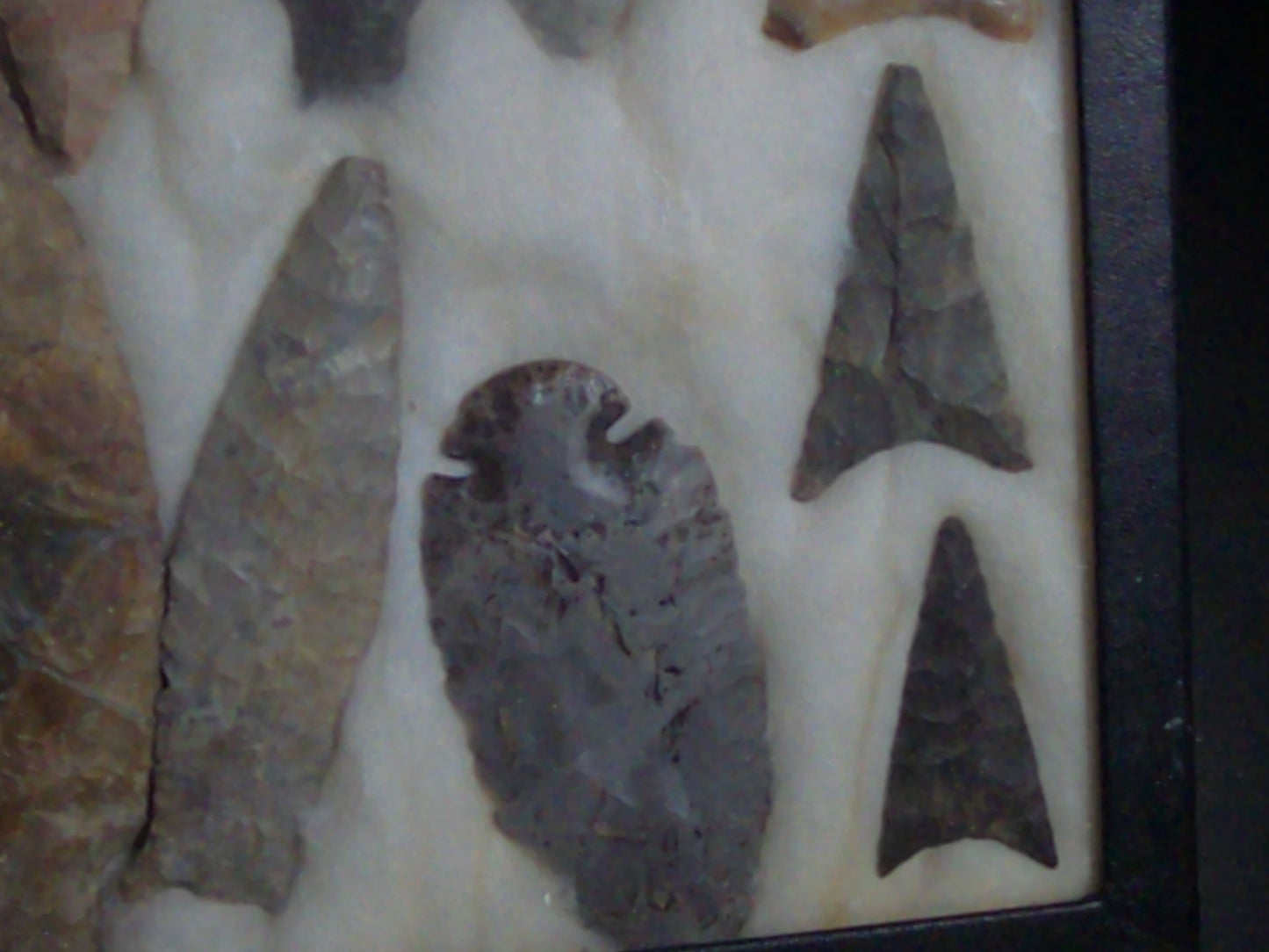 Grouping of 18 Stone Arrowheads and Projectile Points in Riker Display Case