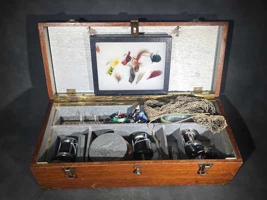 Vintage Wood Tackle Box with Fishing Tackle and Smalls including Creek Chub Bait Co. Injured Minnow Lure, Fly Fishing Flies, Baitcasting Reels, Leader Box, Fly Reel, and Stag Semi-Paste Paint Advertising Miniature Wood Plane
