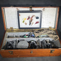 Lot 066 - Vintage Wood Tackle Box with Fishing Tackle and Smalls Including Creek Chub Bait Co. Injured Minnow Lure, Fly Fishing Flies, Baitcasting Reels, Leader Box, Fly Reel, and Stag Semi-Paste Paint Advertising Miniature Wood Plane