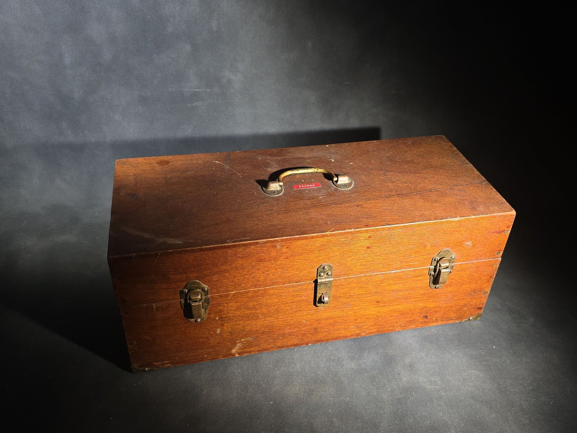 Vintage Wood Tackle Box with Fishing Tackle and Smalls including Creek Chub Bait Co. Injured Minnow Lure, Fly Fishing Flies, Baitcasting Reels, Leader Box, Fly Reel, and Stag Semi-Paste Paint Advertising Miniature Wood Plane