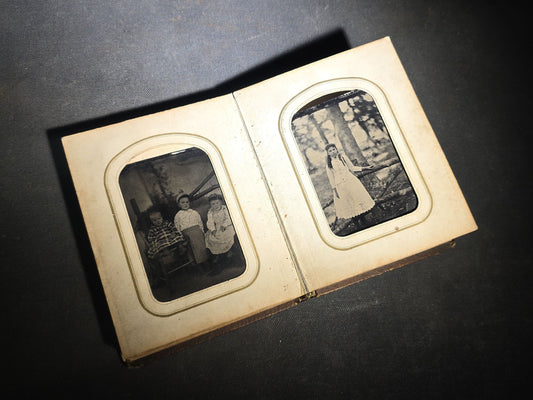 Antique Portrait Photo Album Containing Seven Tintype Photographs and Four C.D.V. Photographs, Embossed Leather Binding