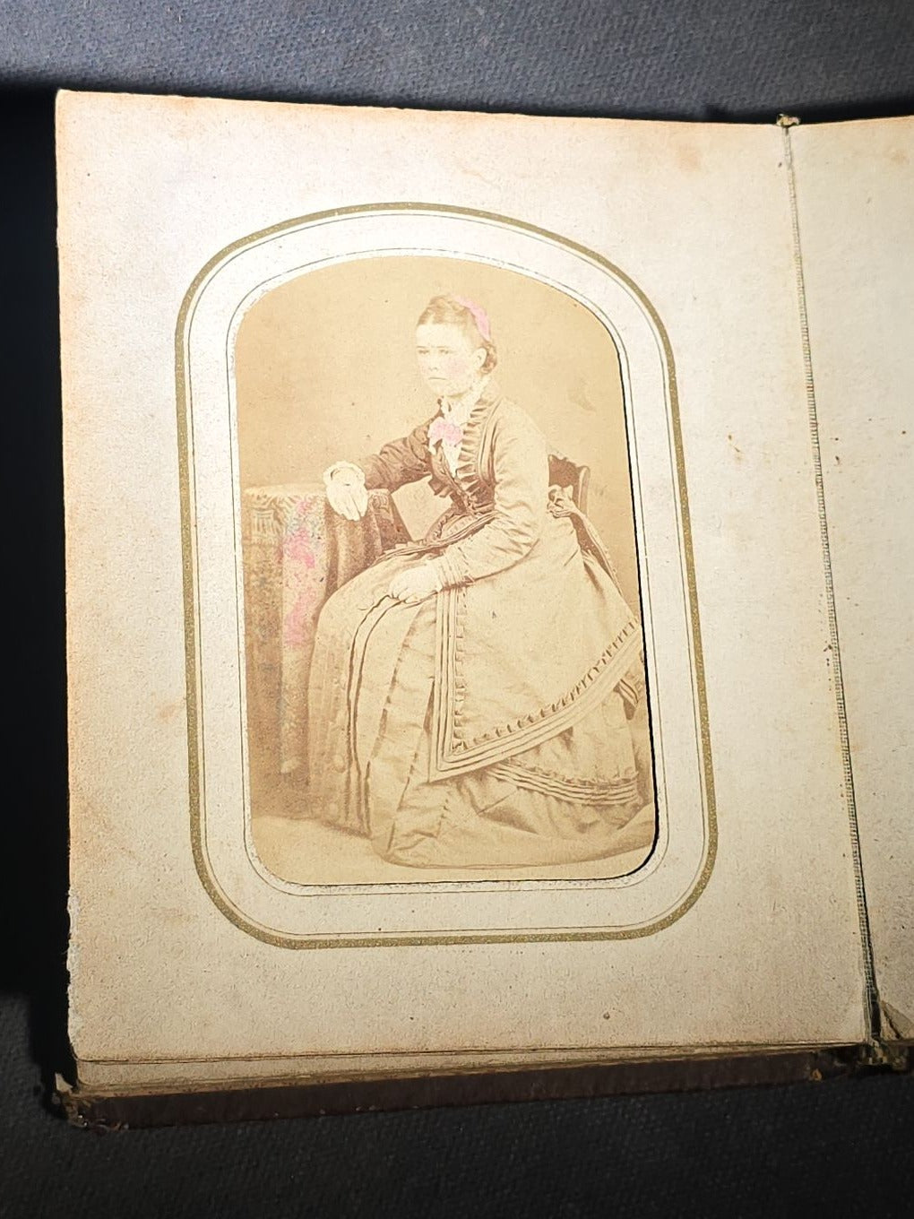 Antique Portrait Photo Album Containing Seven Tintype Photographs and Four C.D.V. Photographs, Embossed Leather Binding