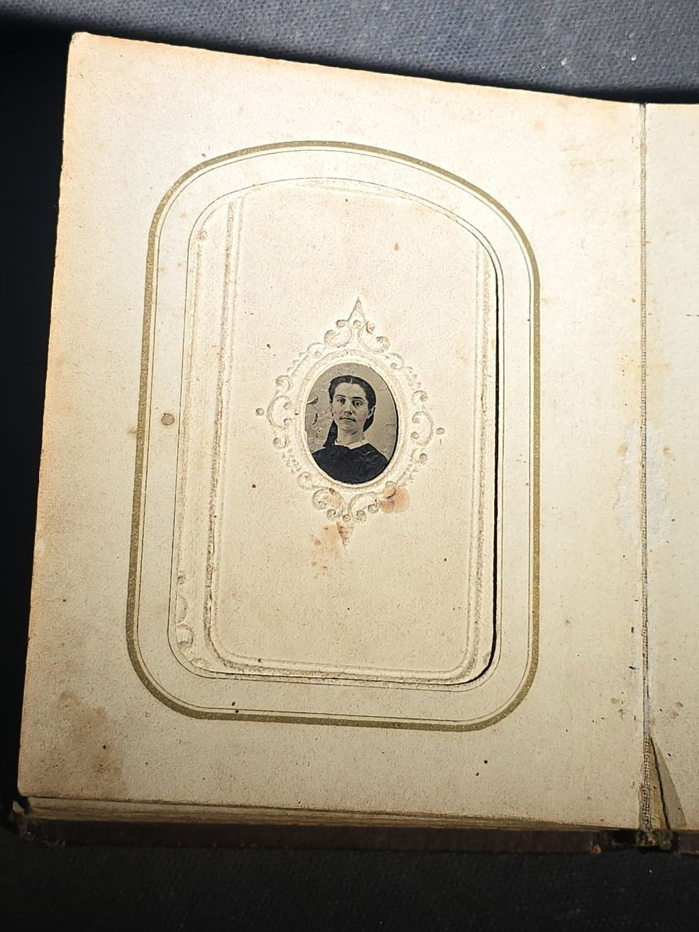 Antique Portrait Photo Album Containing Seven Tintype Photographs and Four C.D.V. Photographs, Embossed Leather Binding