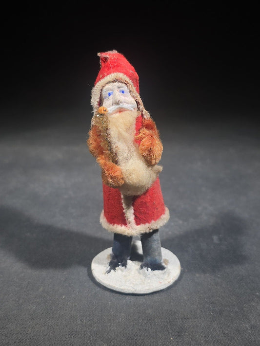 Vintage Miniature Santa Claus Figure with Painted Face, Felt Coat, and Sack, Made in Occupied Japan, Circa 1945-1952