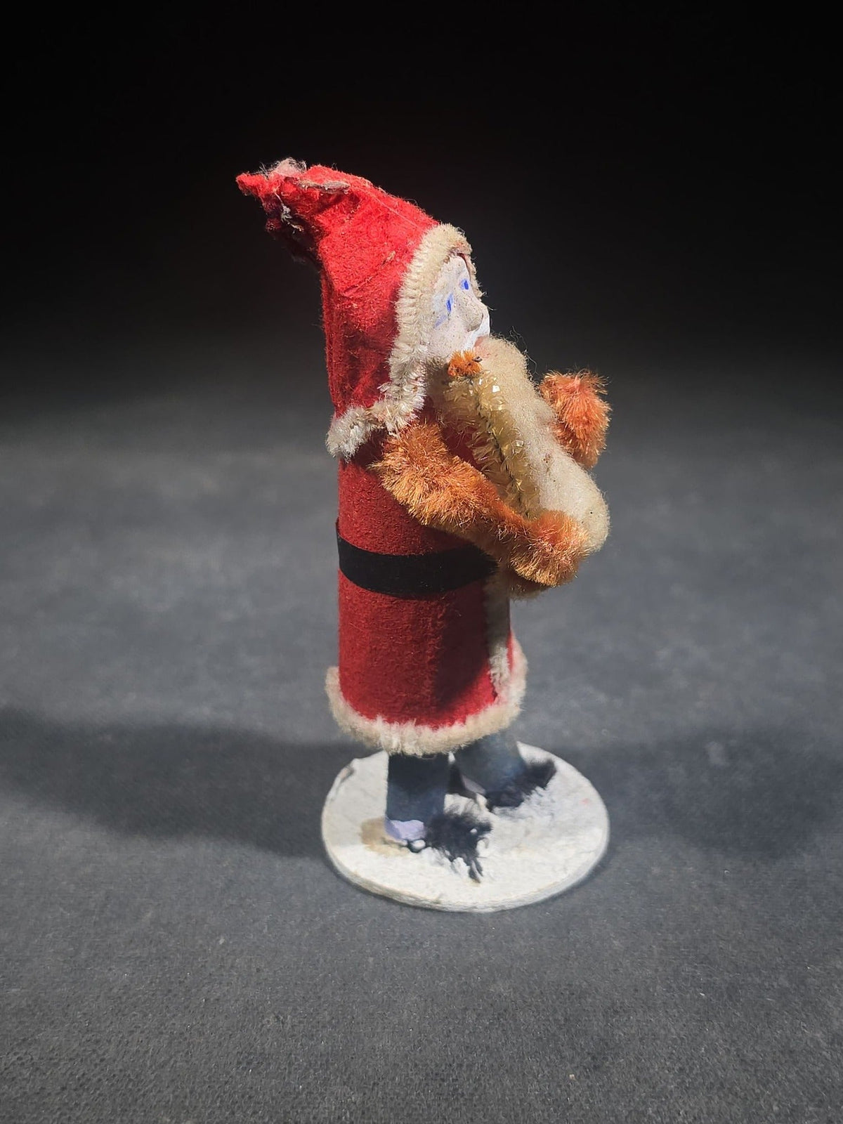 Vintage Miniature Santa Claus Figure with Painted Face, Felt Coat, and Sack, Made in Occupied Japan, Circa 1945-1952