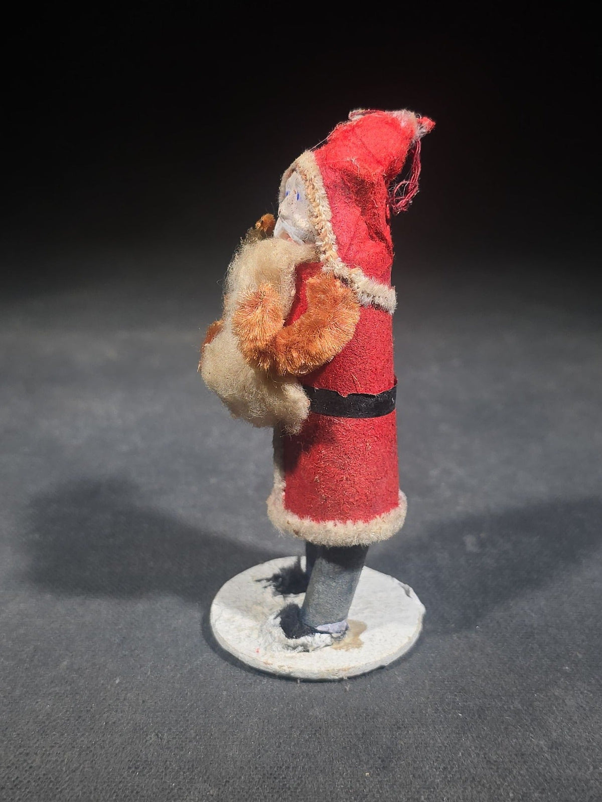 Vintage Miniature Santa Claus Figure with Painted Face, Felt Coat, and Sack, Made in Occupied Japan, Circa 1945-1952