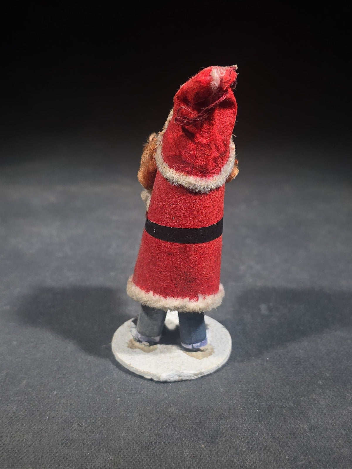 Vintage Miniature Santa Claus Figure with Painted Face, Felt Coat, and Sack, Made in Occupied Japan, Circa 1945-1952