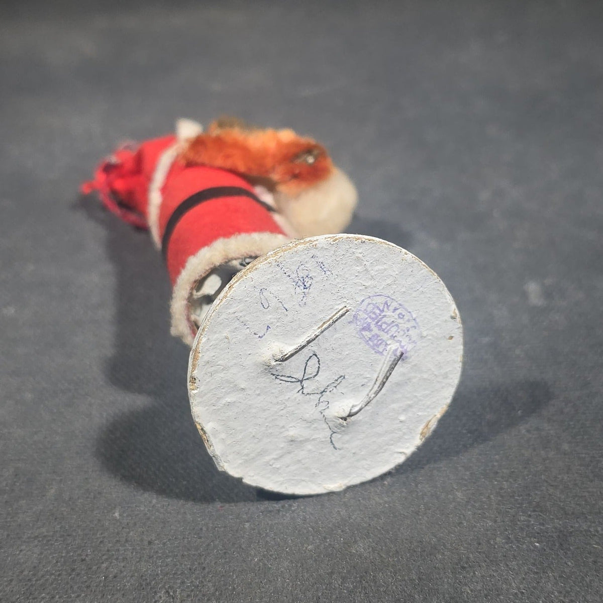 Vintage Miniature Santa Claus Figure with Painted Face, Felt Coat, and Sack, Made in Occupied Japan, Circa 1945-1952