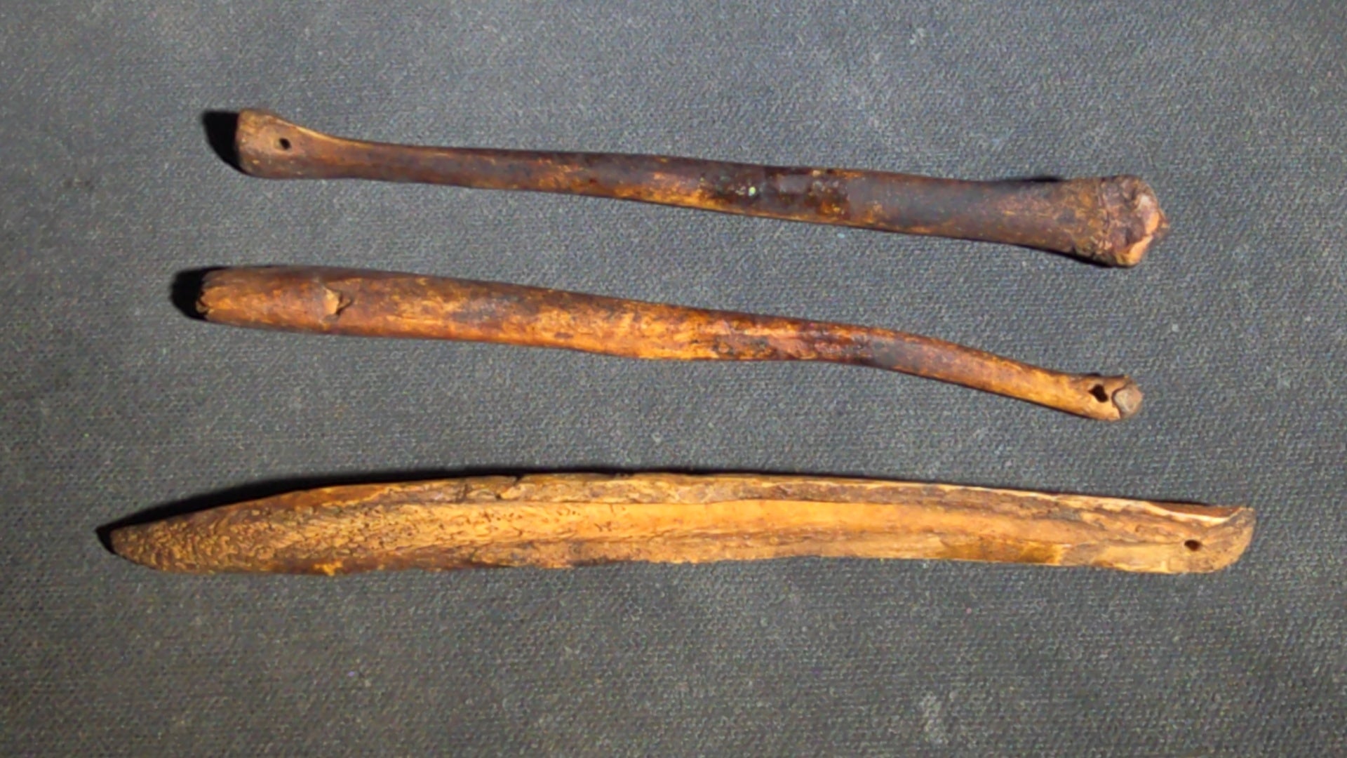 Grouping of 10 Antique Native American Carved Bone Implements including Incised and Relief-Carved Examples with Leather Ties and Drilled Holes