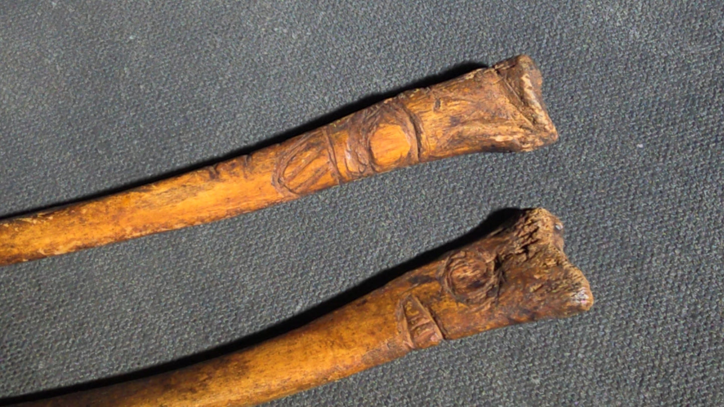 Grouping of 10 Antique Native American Carved Bone Implements including Incised and Relief-Carved Examples with Leather Ties and Drilled Holes