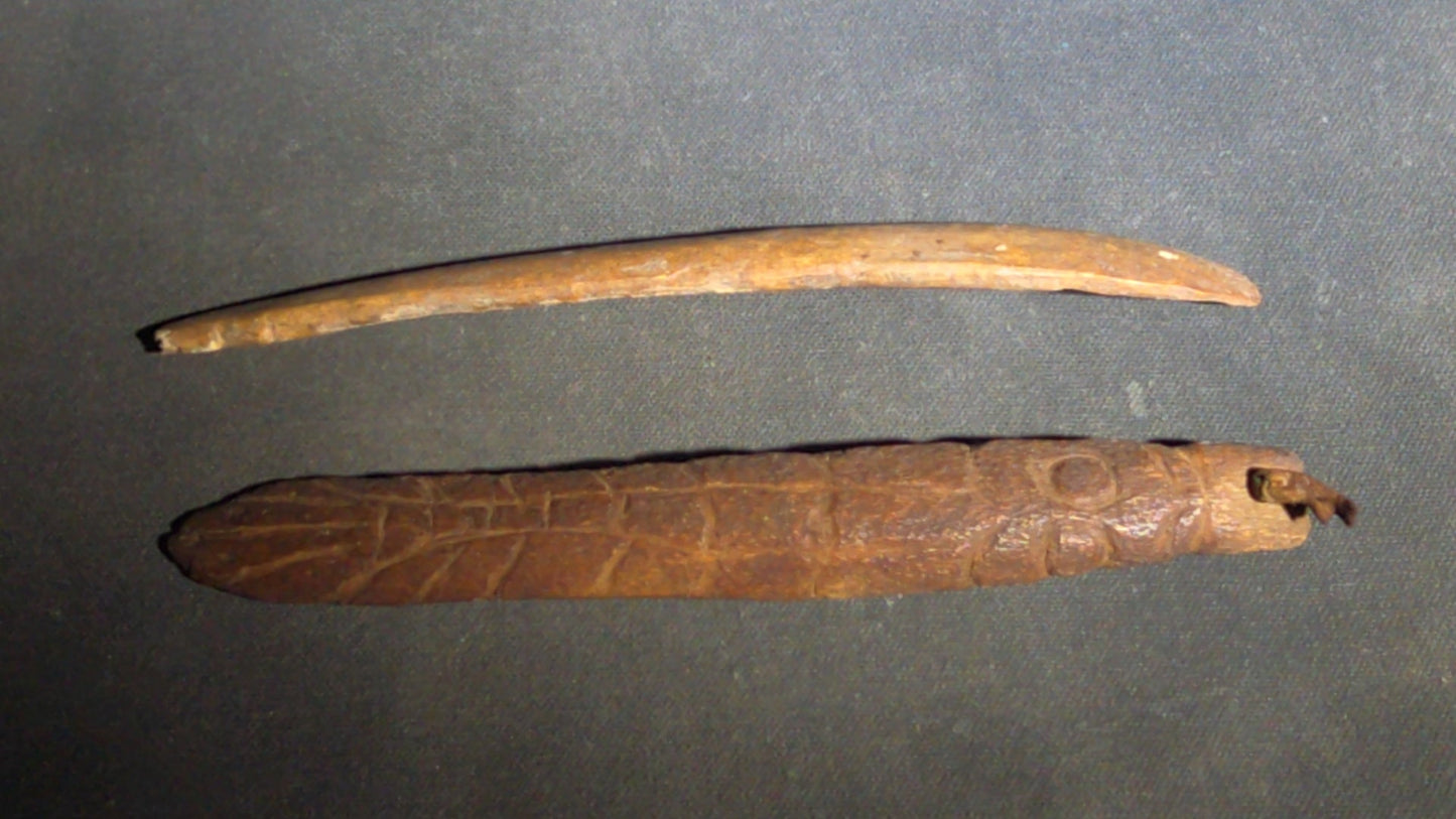 Grouping of 10 Antique Native American Carved Bone Implements including Incised and Relief-Carved Examples with Leather Ties and Drilled Holes